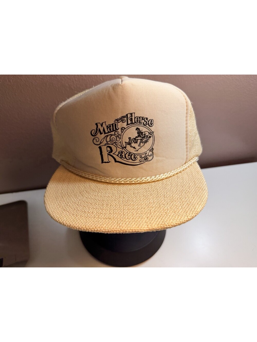 Men's Vintage 1980’s Hat Man Against Horse Race.HARD TO FIND